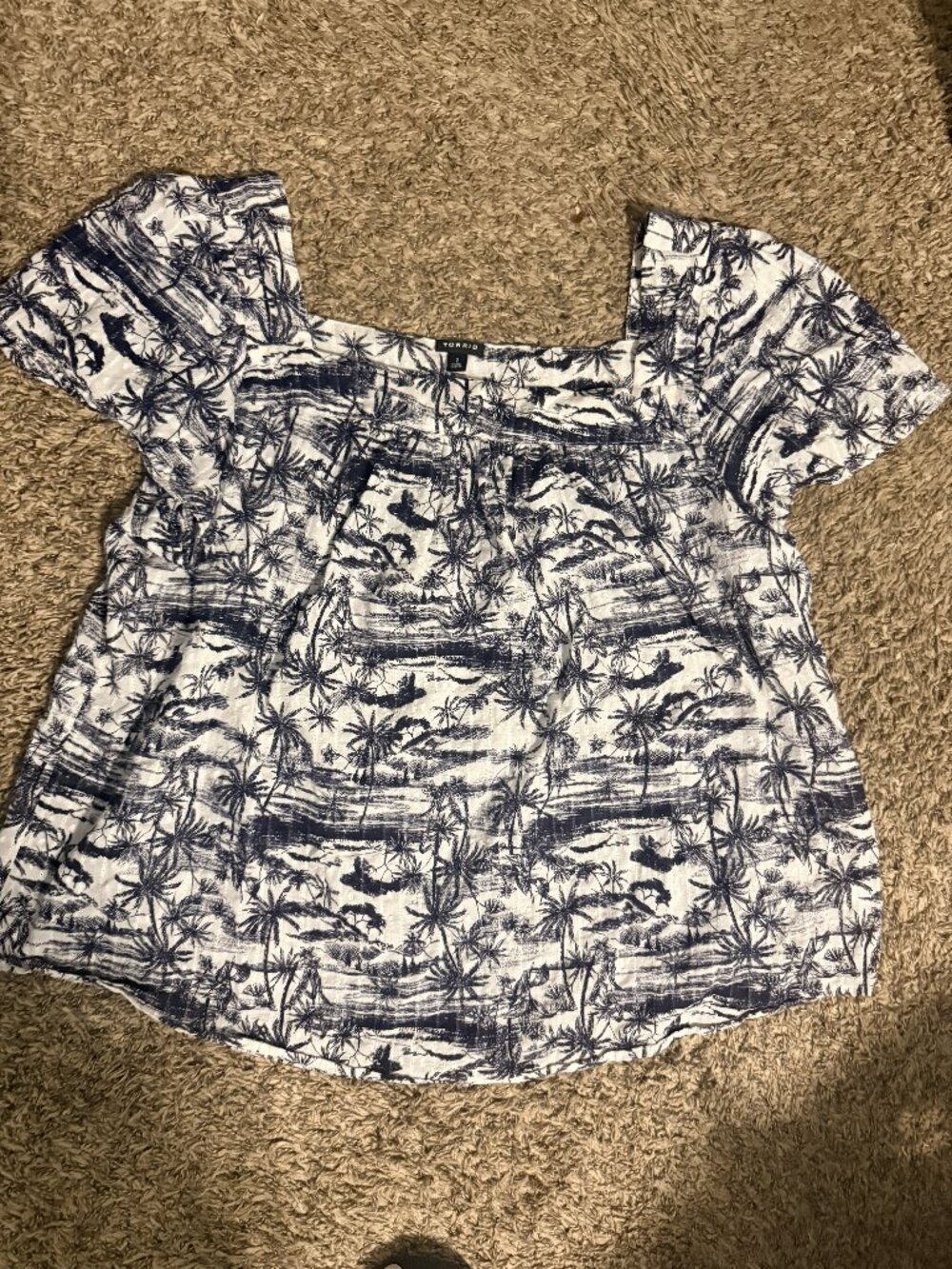 Torrid Blouse 2X Blue Palm Trees Square Neck Flutter Sleeve Lightweight Tropical
